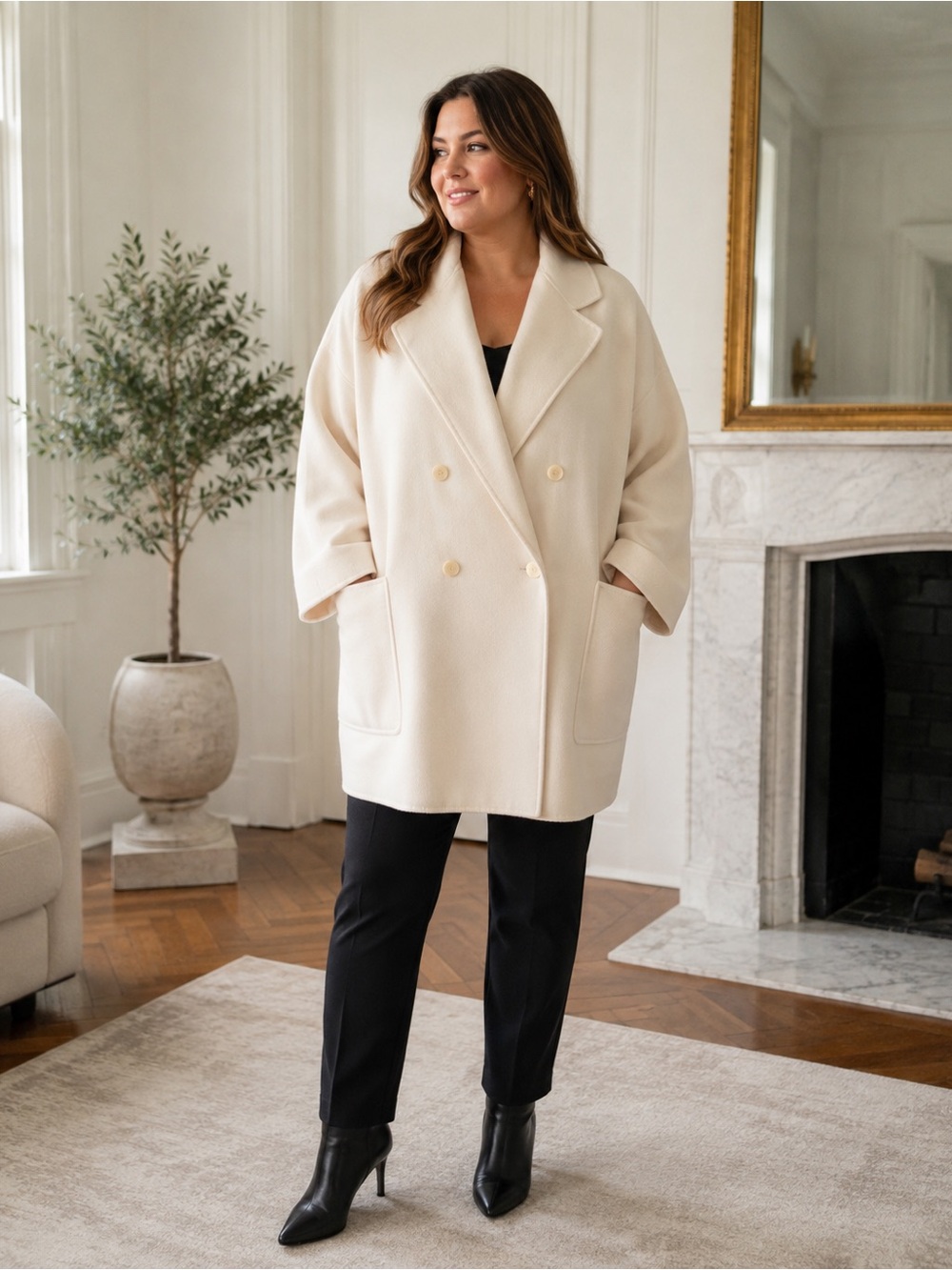 Max Mara Ivory Wool Cashmere Double Breasted Coat Size 14 Italy Luxury Classic